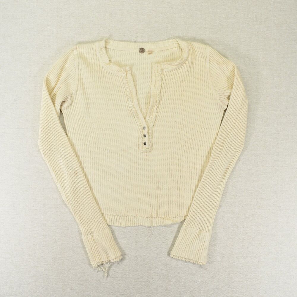 Free People FP One Waffle Thermal Henley Top Womens Medium Ivory Long Sleeve